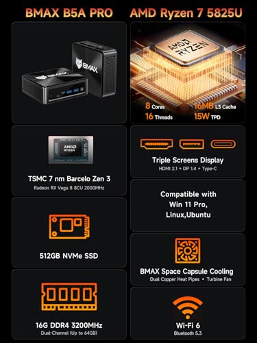 Image of Bmax B5A Pro Mini PC with AMD Ryzen 7 5825U | 16GB DDR4 RAM | 512GB NVMe SSD | Windows 11 Pro | 2 x USB 3.2 Gen 2 | Triple 8K Display Support | Wi-Fi 6 | AMD Ryzen Mini Desktop Computers