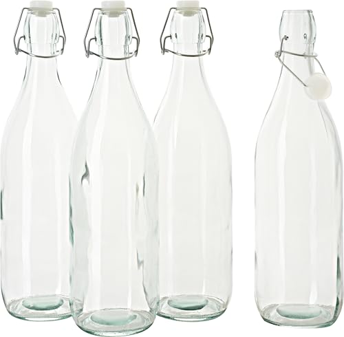 VBS Bouteille en verre avec fermeture à étrier ronde, 1 litre, 4 pièces, conservation idéale, étanche à l'air, réutilisable, écologique, bouteilles en verre pratiques