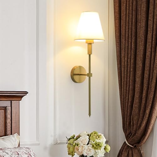 Aplique de Pared E27 de Hierro Bronce con Pantalla de Tela Blanca para Dormitorio