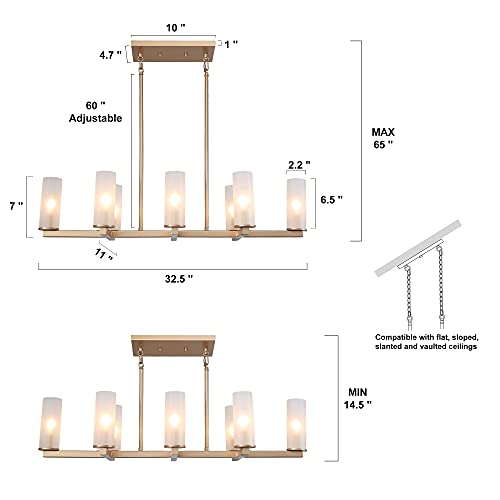 Phosant Lighting Gold Chandelier, Modern 8 Lights Metal Chandeliers For Dining Room, Dimmable Linear Island Lights For Kitchen, Frosted Glass Shades #TOP1