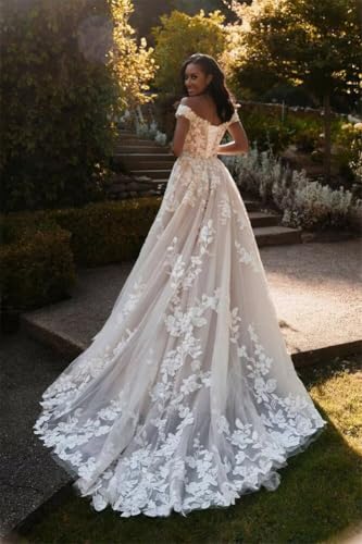TRHTX Puffy Lace Off Shoulder Wedding Dresses for Bride 2024 V Neck Bridal Gowns A-line Appliques Wedding Gowns with Train3