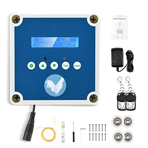 Hlieeosfcn Porte Automatique Poulailler, Ouverture et Fermeture Automatiques Porte Poulailler,Capteur de Lumière Contrôle de la Minuterie avec Deux Télécommandes(Bleu)