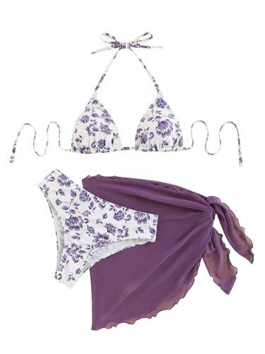 WDIRARA Women's 3 Pieces Floral Print Halter Bikini Sets Triangle Tie Side Bathing Suit with Cover Up Beach Skirt