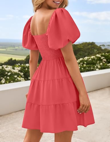 Image of ZESICA Women's Boho 2026 Summer Square Neck Puff Sleeve Off Shoulder Smocked Tiered Casual A Line Short Mini Dress