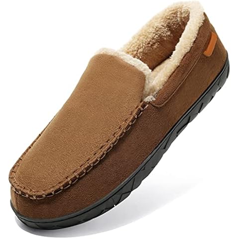 NewDenBer Men's Warm Moccasin Slippers Memory Foam Suede Soft Plush Fleece Lined Slip on Indoor Outdoor House Shoes (10.5 D(M) US, Brown/Dark Brown) Cover