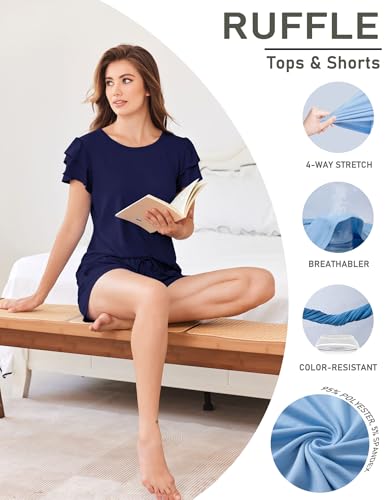 Image of Ekouaer Womens Pajama Sets 2 Piece Ruffle Sleeves Top and Shorts Pjs | Soft Sleepwear Cute Loungewear Set with Pockets for Sleep, Lounge, Wedding, Party, Bridal