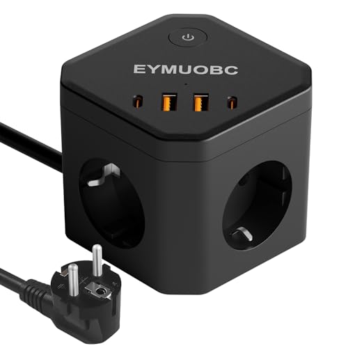 EYMUOBC Multiprise Cube avec USB, Bloc multiprise avec 2 Ports USB-C PD 20W, 4 Prises Secteur et 4 Ports USB avec Interrupteur, pour Bureau, Noir