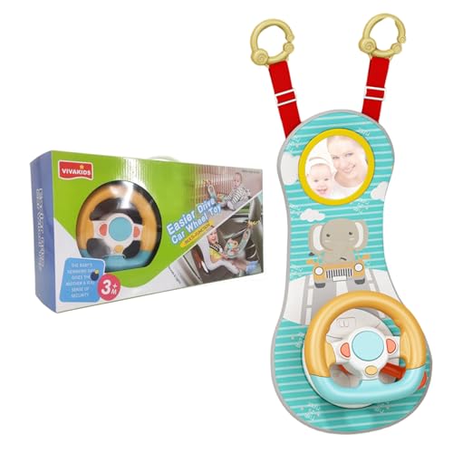 Juguetes para asientos de automóvil orientados hacia atrás, volante de bebé con rotación de 360° con espejo, música, luces y sonidos de conducción, volante para niños de más de 12 meses para jug-