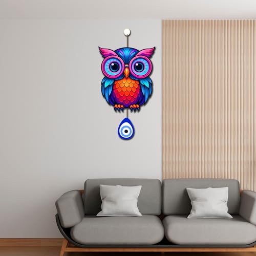 Image of GENXTRA Neon Multicolor Owl Wall Hanging with Nazar Protection Charm | MDF Wooden Decorative Wall Art for Home & Office | Modern Boho Decor