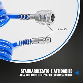 Poppstar Tubo flessibile per aria compressa a spirale 5m in PU (diametro 5 mm x 8 mm) Tubo a spirale per aria compressa con protezione anti-piegatura e raccordo rapido NW 7.2