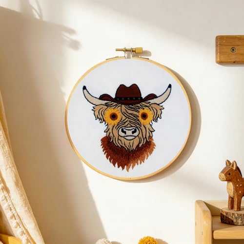 Image of Highland Cow Embroidery Kits for Beginners Adults, Animal Hand Embroidery Starters Kits, Stamped Cross Stitch Kits DIY Needlepoint Kits for Beginners Adults, Embroidery Hoop, Thread and Video Tutorial