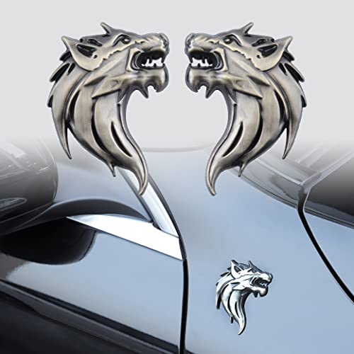 Image of 2pcs Cool Wolf Head Car Side /Rear /Front Decorations Badge Emblem 3D Self-Adhesive Nameplate Sticker for Car (Golden)