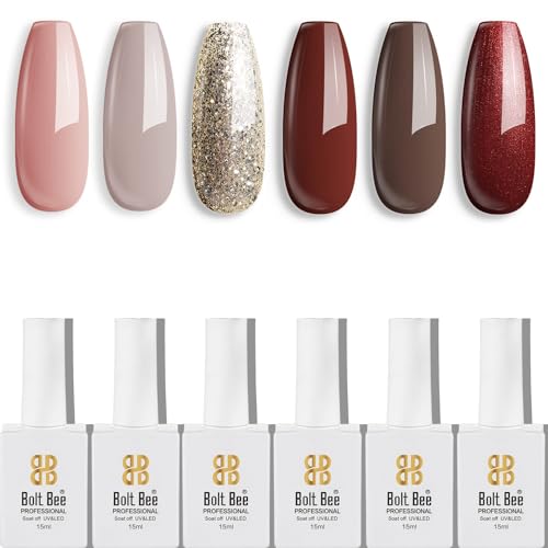 Image of DUDUSTRONG Bolt Bee Gel Glossy Finish Nail Polish Kit Gel Nail Polish Set, 6 Colors Brown Dark Red Gel Polish Kit Glitter Champagne Gold Nude For Women (A1 Holiday Set (107+06+101+62+08+65)), 90 Ml