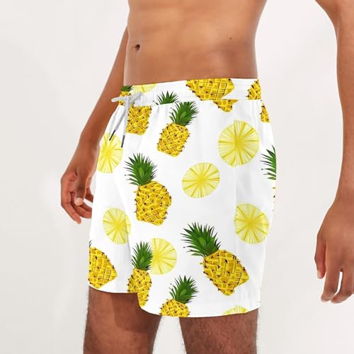 Mens Comfy Pineapple Print Swim Shorts Drawstring Waist Quick Dry Beach Board Shorts with Mesh Lining Pockets 20254