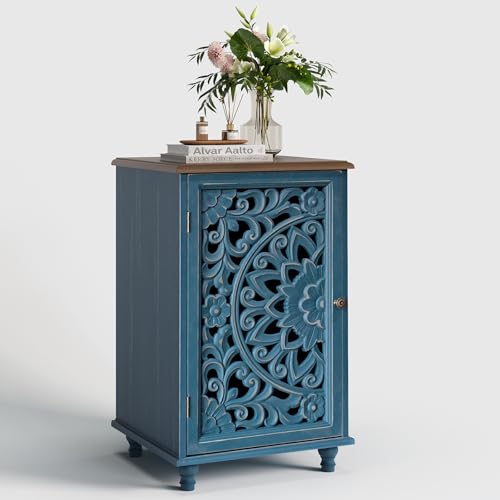 Image of Small Accent Cabinet,Storage Cabinet,Distressed End Table with Solid Wood Legs & Adjustable Shelf,Sofa Side Table for Bedroom,Living Room,Blue & Walnut