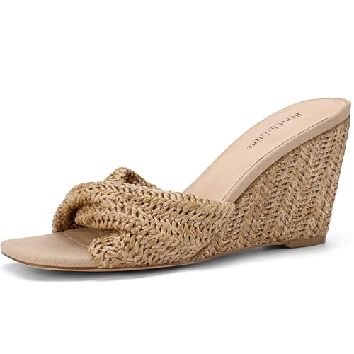 Image of Women's Wedges Heeled Slippers Fabric Heels Slip on Comfy Evening Dress Woven Sandals Square Toe Shoes for Women 3.3 inch Heels
