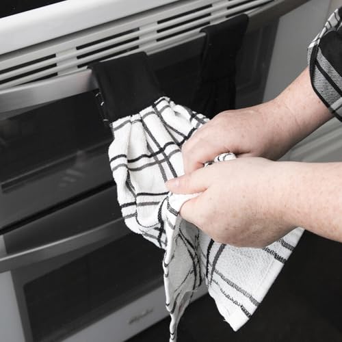 Image of Ritz Premium 100% Cotton Solid and Multi Check Kitchen Tie Towel, Absorbent, Super Soft, and Fast Drying Hang Towel, Set of Two, Black