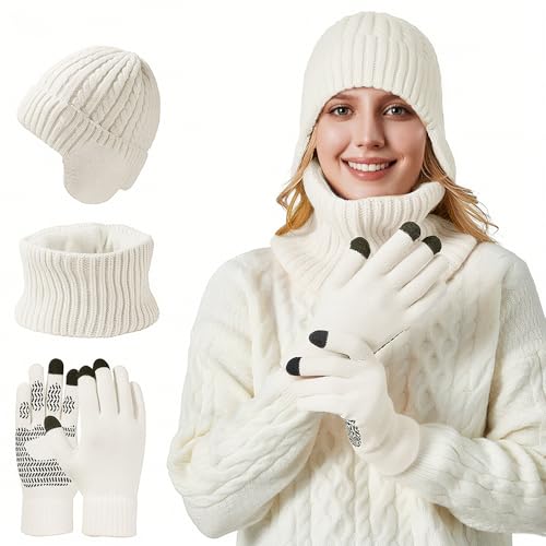 Winter Hat Scarf Gloves Set for Women Warm Knit Beanie with Touchscreen Gloves and Neck Warmer 3 in 1 Winter Set