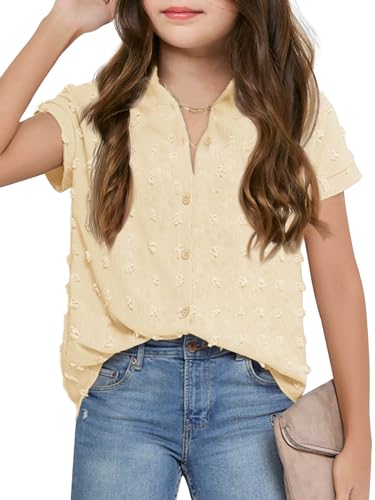 Image of Haloumoning Girls Button Down Shirts Short Sleeve Kids Casual Chiffon Blouse Summer Tops T-Shirt