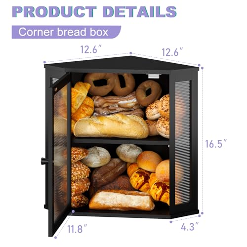 Wieghda Spacious Corner Bread Bin for Kitchen Countertop, Rustic Design with Acrylic Wavy Door Panel - Ideal Storage Container - Image 2