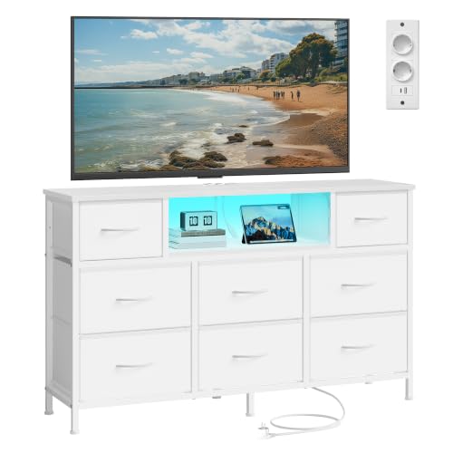 SONGMICS Cómoda, Mueble TV con 8 Cajones de Tela, Luces LED y Enchufes, 113,8 x 30 x 68,1 cm, Nube Blanca, para Dormitorio y Salón, Colección Bellah LGS433WH02