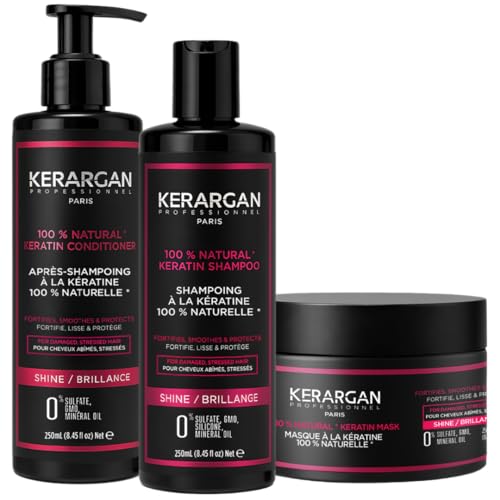 Kerargan - Trío Ultra Reparador Champú, Acondicionador & Mascarilla con Queratina para Cabellos Dañados y Estresados – Nutre, Alisa y Fortalece – Sin Sulfatos, OGM ni Siliconas – 3x250ml