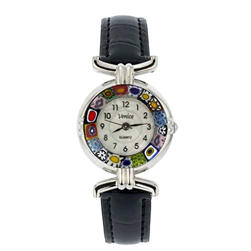 Glass Of Venice Murano Glass Millefiori Watch with Leather Band - Black Multicolor