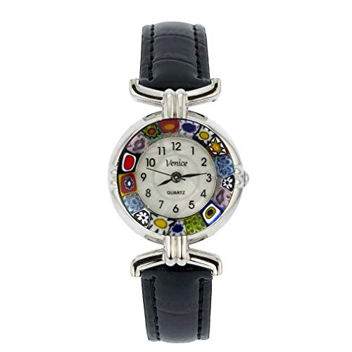 GlassOfVenice Murano Glass Millefiori Watch with Leather Band - Black