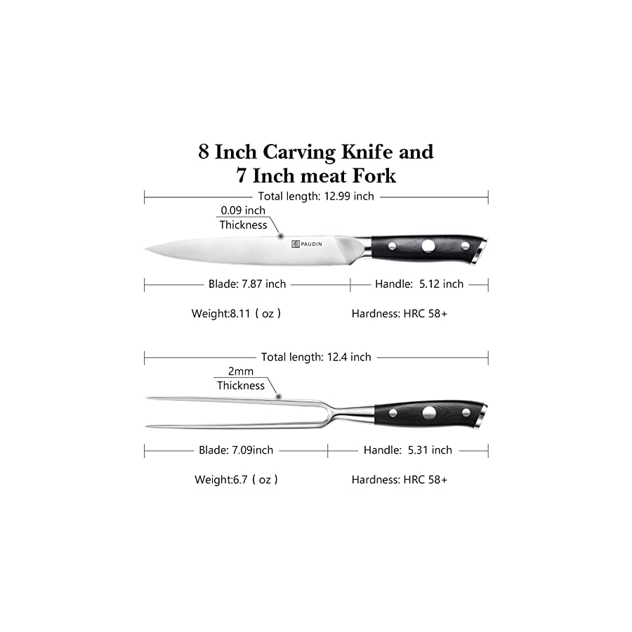 PAUDIN Carving Knife Set 8" - German Steel Turkey Carving Knife and Fork Set, BBQ Knife Set With Ergonomic Handle, Full Tang Carving Knife For Meat, Brisket