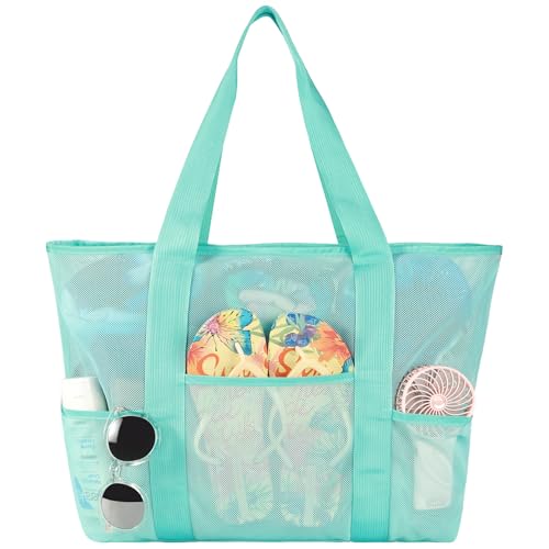 Mesh Beach Bag, Large Tote with Zipper Beach Bags for Women Waterproof Sandproof with 5 Pockets Green