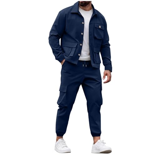 Mens Track Suits 2 Piece Set Long Sleeve Button Down Lightweight Jacket and Cargo Pants Sweatsuits with Multi Pockets