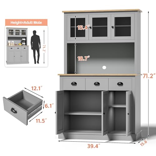Image of MU 71 inch Kitchen Pantry Cabinet with Charging Station, Tall Kitchen Hutch with Countertop, Drawers & Microwave Shelf, Food Storage Cabinet for Dining Room & Coffee Bar, Grey