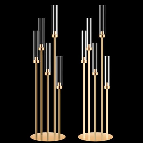 2 Set 5 Arm Gold Candle Holder with Acrylic Lampshade, 41.3'' Tall Candlesticks Holder for Christmas Wedding Housewarming Gift,Metal Candle Holders Candlestick Centerpiece,Fit 0.87'' LED Candle