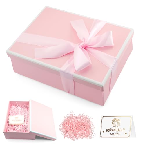 Caja de regalo con tapa, 25 x 18 x 9 cm, caja de regalo premium con lazos, tarjetas de felicitación y rafia, caja de regalo plegable de cumpleaños para San Valentín, Navidad, aniversario de boda