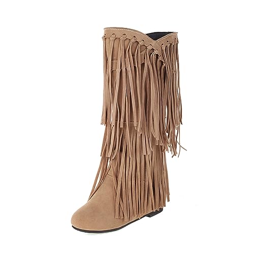 gongxifacai Womens Fringe Western Boots Fashion Hidden Heel Knee-high Boots