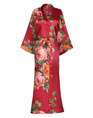 Image of Women Silk Kimono Robe Long Floral Bridesmaids Robes Satin | Wedding Party Bridal Getting Ready Robe Lightweight Dressing Gown Loungewear Sleepwear