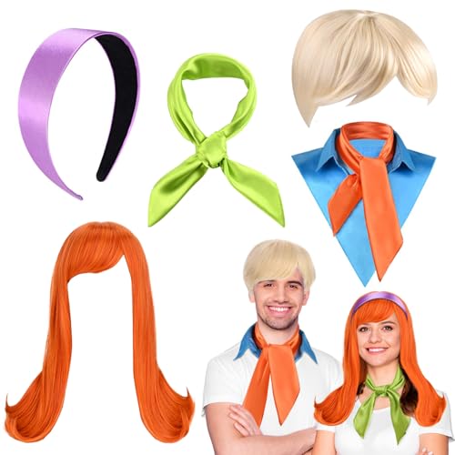 JcHrmers 6 Pcs Halloween Couple Costume Include Wigs,Scarves,Fake Collar and