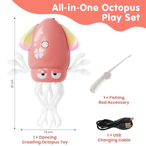 Image of Kidology Dancing Octopus Tummy Time Toy for Babies - Squid Toys | Musical Crawling Baby Toy with LED Lights | Supports First Crawl to Toddler Play | Sensory Interactive Gift for Boys & Girls - Pink