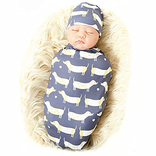 Image of Galabloomer Newborn Swaddle Blanket with Beanie Set Baby Boy Receiving Blanket Gray Dog