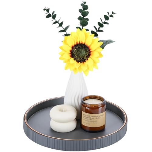 GORESE Serving Tray, Round Leather Decorative Tray, Table Tray, Kitchen Tray, Tea Tray,Serving Platter, Nightstand Tray, Valet Tray for Kitchen Table, Living Room, Bedroom, Bathroom(Gray)