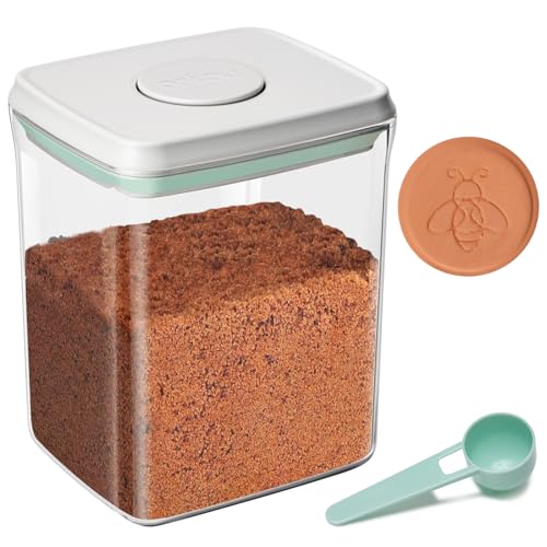 Mutclord POP Airtight Brown-Sugar Keeper-Container - 1.3Qt(42Oz/1.2L) Clear Jar | 1/2 Tablespoon Scoop | Brown Sugar Saver | Stackable One-Touch Opening