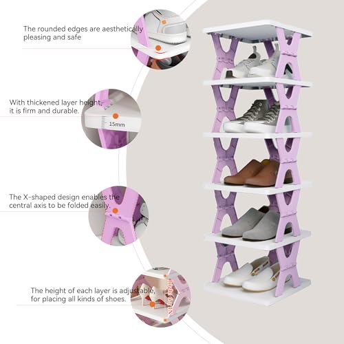 Image of 6 Tier Collapsible Shoe Rack for Kids, kids shoe rack toddler shoe organizer Vertical Foldable Shoe Organizer for Front Door Entrance (GREY)
