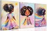Black Girl Princess Wall Art, Rainbow Hair Girl Painting,Cute Afro Girls Art,Cute Black Girl Nursery Art,Whimsical Rainbow Art Print Set Poster,Black Kids Canvas Prints,Framed12 x 16inches X3piece