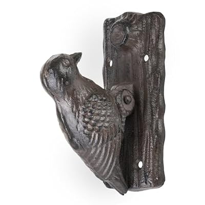 Aldaba de puerta antigua, pájaro carpintero, hierro fundido marrón, aldaba rústica de hierro en estilo rústico, decoración vintage para puerta de casa o jardín, resistente a la intemperie y macizo
