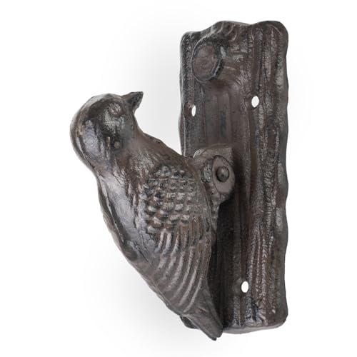 Aldaba de puerta antigua, pájaro carpintero, hierro fundido marrón, aldaba rústica de hierro en estilo rústico, decoración vintage para puerta de casa o jardín, resistente a la intemperie y macizo