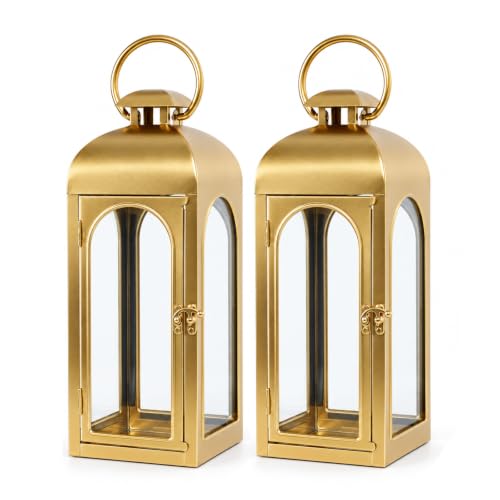 Christmas Decorative Lanterns Gold Metal Candle Holders 16 Inch 2 Pack