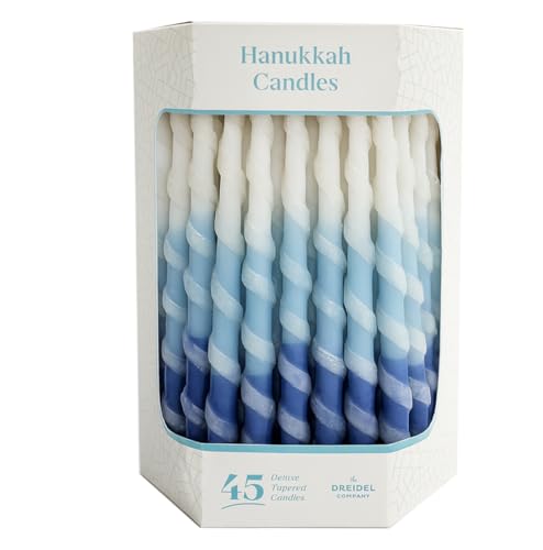 The Dreidel Company Deluxe Twisted Spiral 45 Blue & White Ombre Hanukkah Menorah Candles for All 8 Nights of Chanukah Burn Time 1-Hour