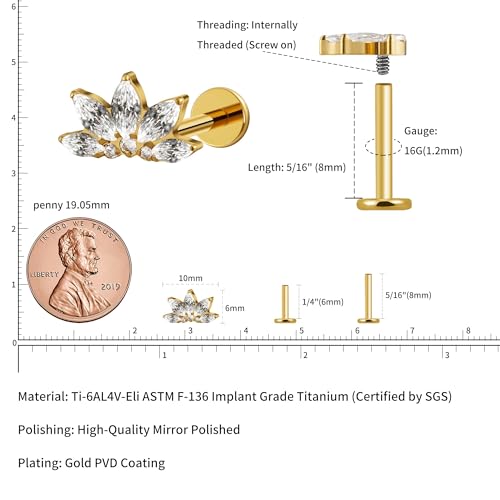 FINE4U 1PC ASTM F136 Titanium 16G Flatback Stud for Tragus, Helix, Conch 6mm 8mm - Screw on Cartilage Earring Piercing Jewelry2