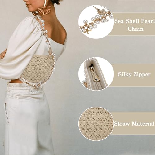 Crossbody Bags for Women Beach Straw Purse Lightweight Fashion Pearl Shoulder Bag Retro Straw Summer Basket Purse2