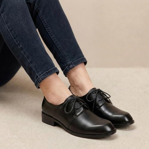 Mona flying Women's Handmade Two Tone Dress Oxfords Derby Comfy Lace up Leather Shoes for Ladies Deep Black by Mona flying - Image 3